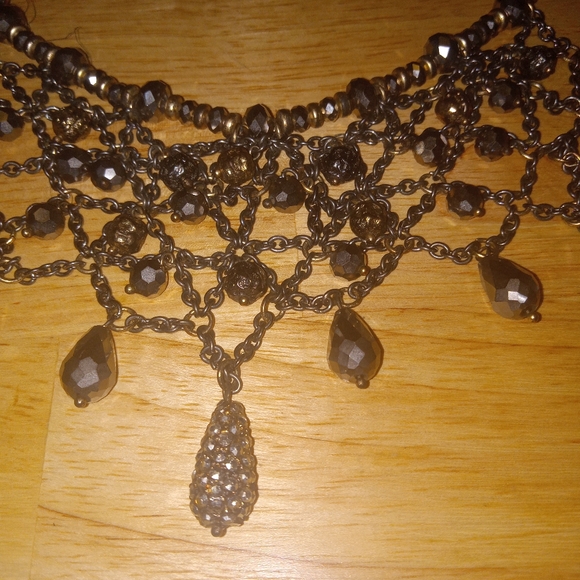 Vintage Chico's BoHo Bibb Necklace style Gold silver brown glass mix metals bead - Picture 8 of 16